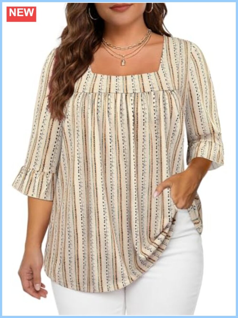Plus Size 3/4 Ruffle Sleeve Square Neck Tunic Top Flowy Blouse